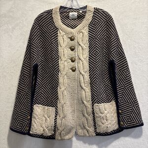 Anthropologie HWR Cape Cardigan Wool Blend Cable Knit Navy Ivory Jacket S/M